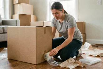 Femme en train de scotcher un carton de déménagement dans un appartement en cours de vidage