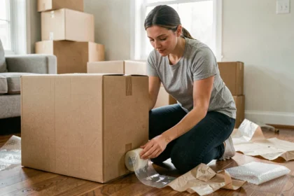 Femme en train de scotcher un carton de déménagement dans un appartement en cours de vidage