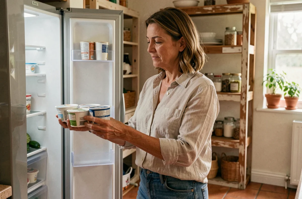 Femme comparant des produits devant un réfrigérateur ouvert dans une cuisine familiale chaleureuse