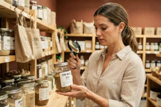 Femme examinant l'étiquette d'un produit écologique dans une épicerie zéro déchet