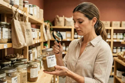 Femme examinant l'étiquette d'un produit écologique dans une épicerie zéro déchet