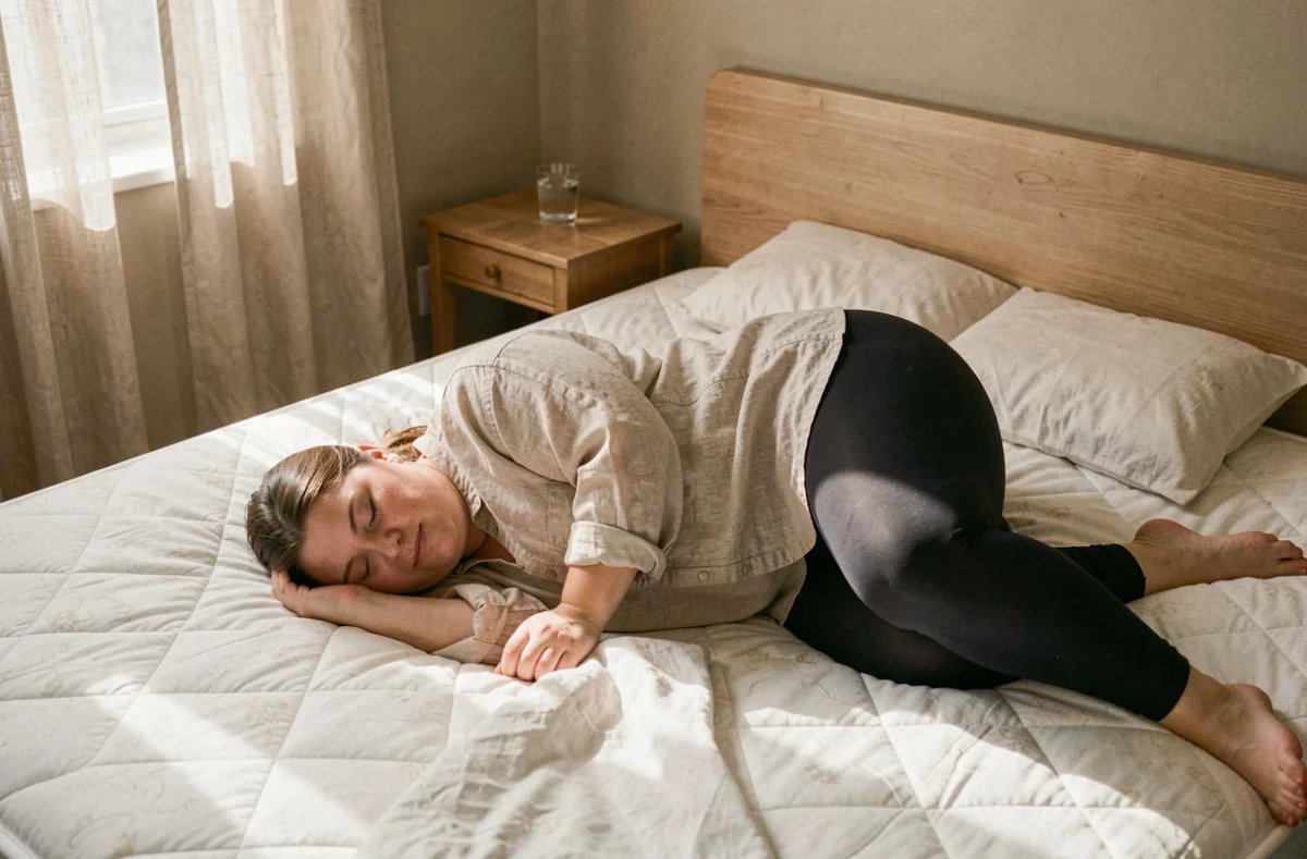 Femme corpulente allongée en position de sommeil sur un matelas adapté aux personnes de forte corpulence dans une chambre apaisante