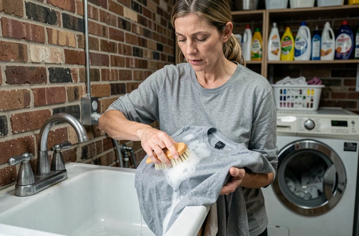 Femme qui frotte une tache de transpiration sur un t-shirt gris avec une brosse et de l'eau savonneuse dans une buanderie