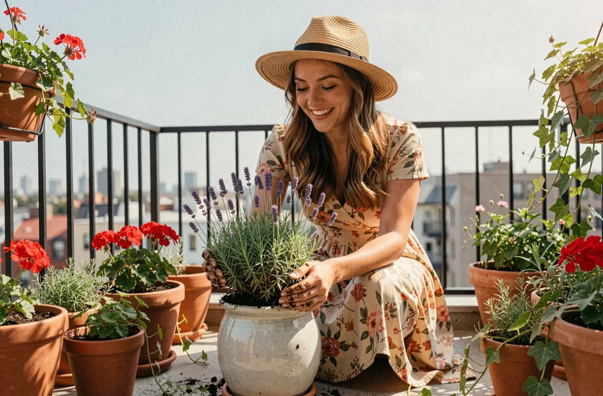 Jeune femme rempotant de la lavande sur un balcon fleuri en ville, entourée de plantes aromatiques et de fleurs colorées pour cultiver le bonheur au quotidien