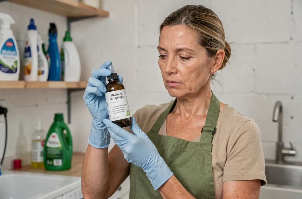 Femme portant des gants lisant attentivement l'étiquette d'un insecticide naturel à base de pyrèthre dans une pièce utilitaire