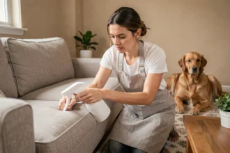 Femme qui nettoie les mauvaises odeurs d'animaux sur un canapé avec un spray désodorisant