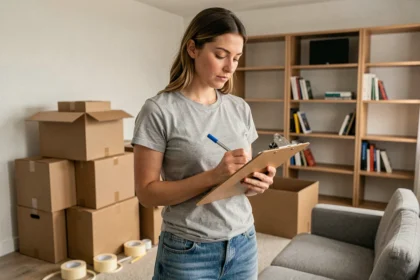 Femme organisant son déménagement avec une liste sur un presse-papiers dans un appartement rempli de cartons