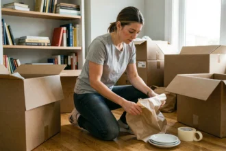 Femme organisant ses cartons de déménagement en emballant de la vaisselle dans du papier bulle sur un plancher en bois
