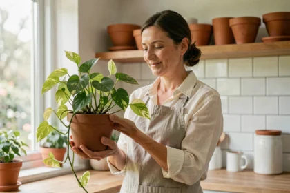 Femme tenant une plante pothos dans une cuisine lumineuse avec des étagères en bois et des pots en terre cuite, symbole de bonheur et de bien-être végétal