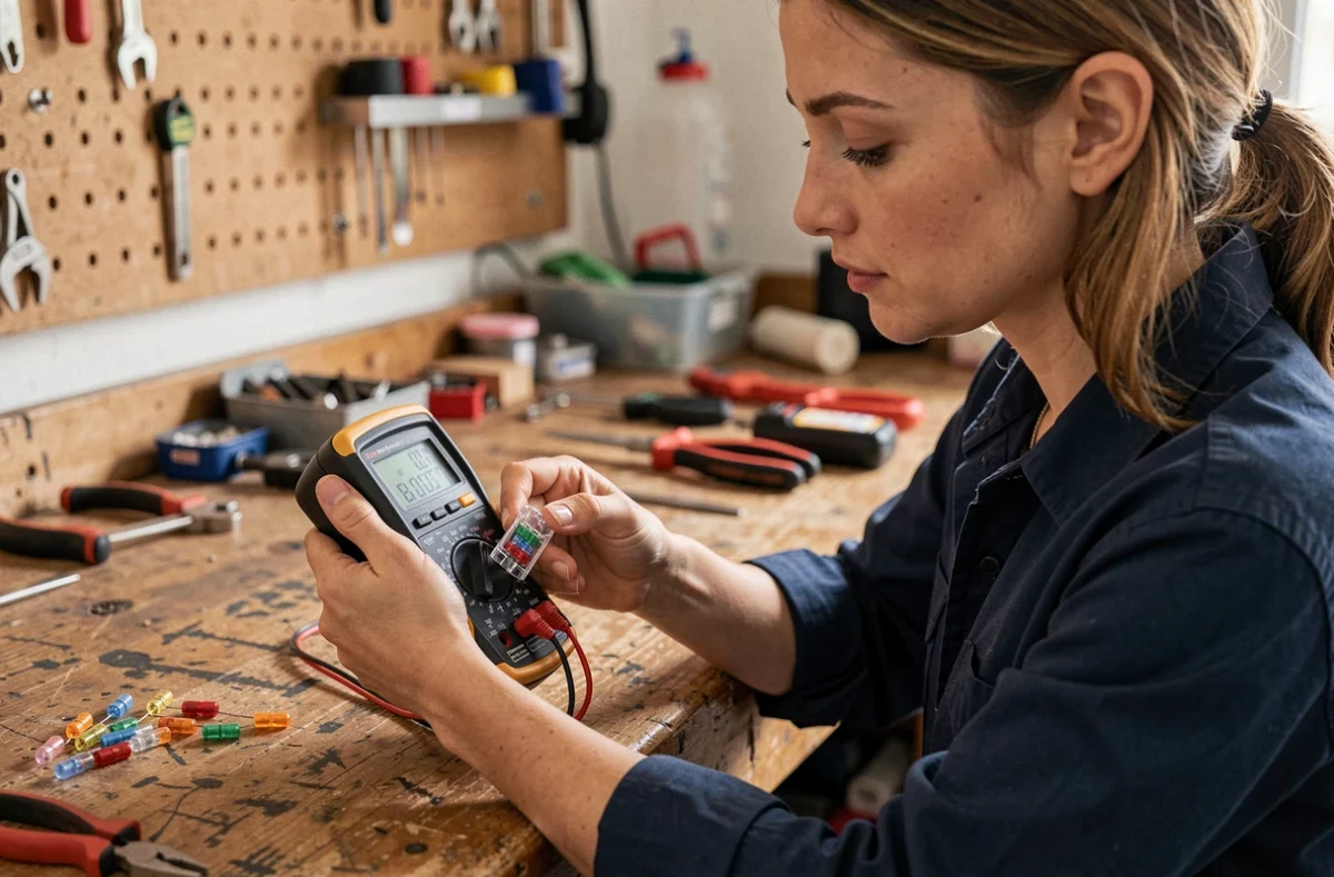 Femme testant un fusible automobile avec un multimètre dans un atelier garage