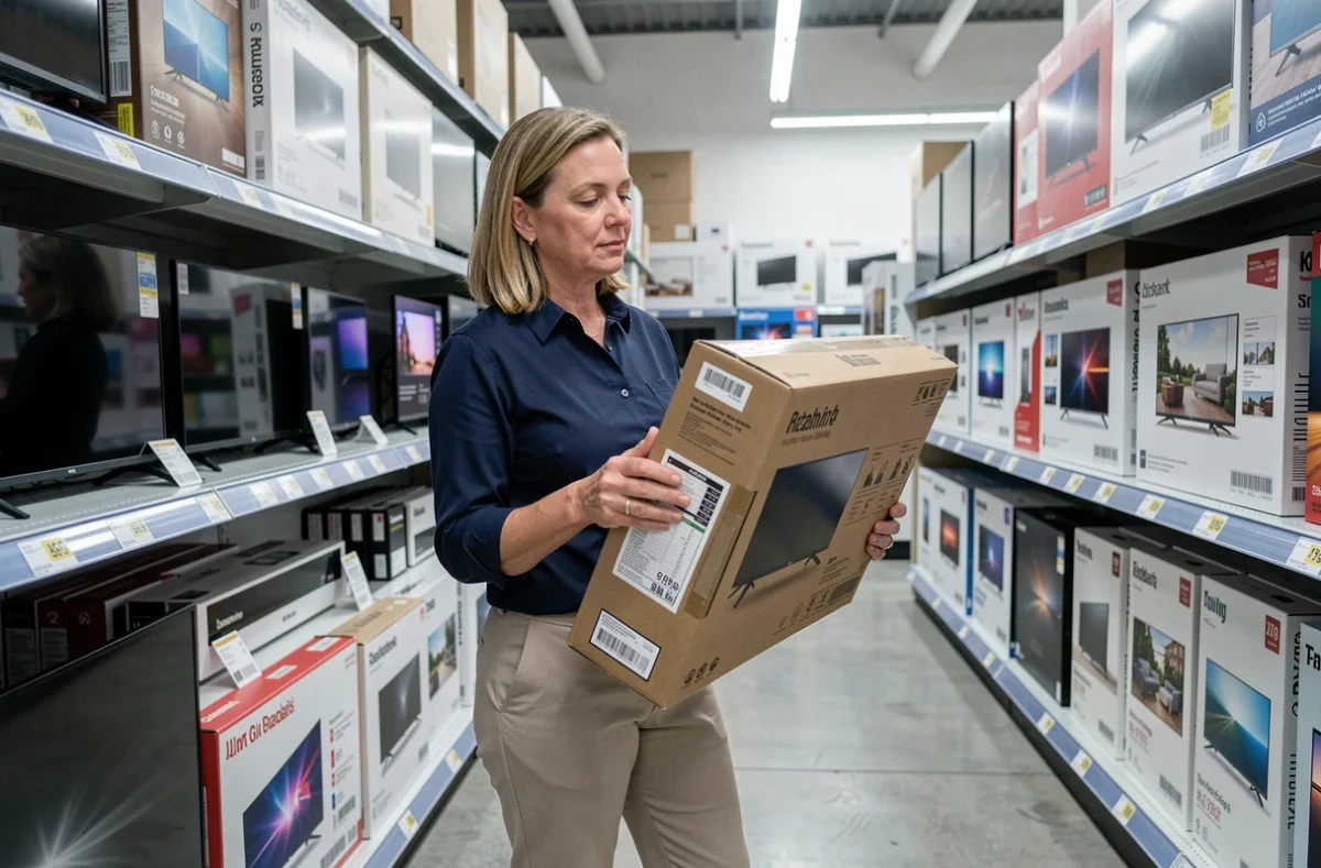 Femme lisant les spécifications techniques d'un téléviseur en magasin pour vérifier son poids avant l'achat et l'installation murale