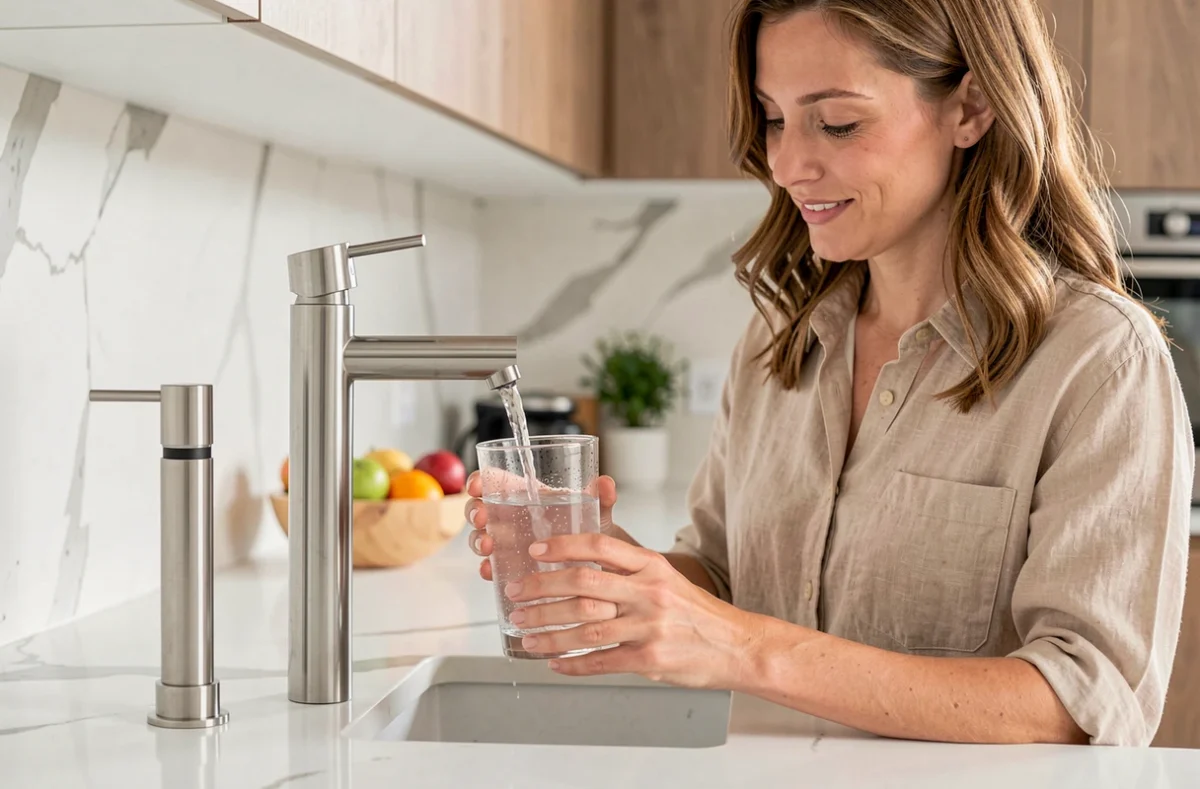 Femme remplissant un verre d'eau filtrée au robinet d'un osmoseur domestique dans une cuisine