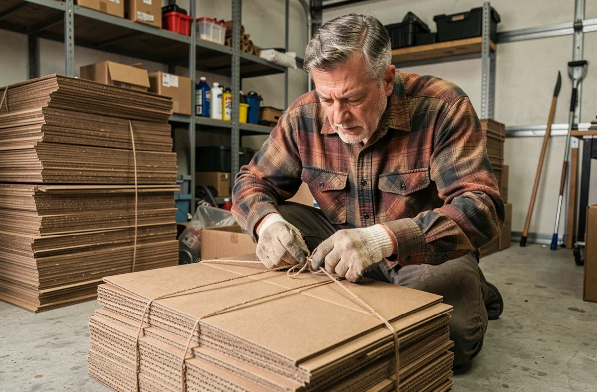 Homme qui ficelle des cartons aplatis en liasse dans un garage pour faciliter leur évacuation