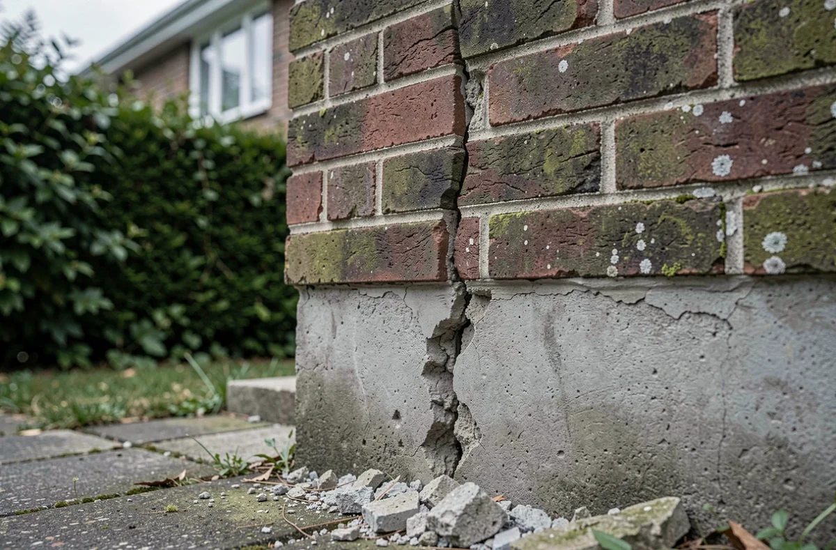 Fissure structurelle entre un mur en briques et les fondations d'une maison vue de l'extérieur