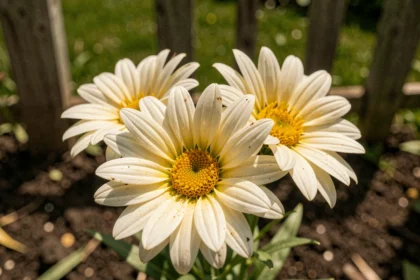 Fleurs de pyrèthre blanc et jaune en gros plan dans un jardin, détail botanique des pétales et du cœur pollinique