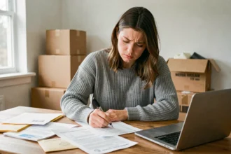 Femme remplissant des formulaires administratifs de changement d'adresse lors d'un déménagement