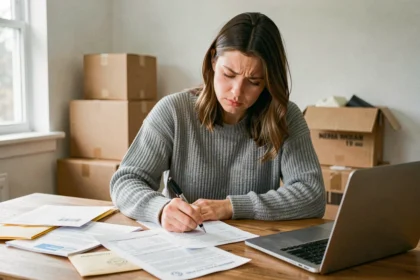 Femme remplissant des formulaires administratifs de changement d'adresse lors d'un déménagement