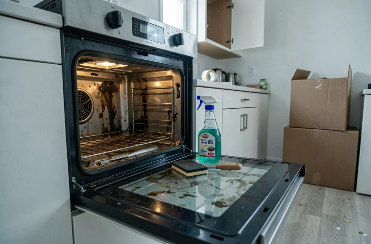 Four sale ouvert avec produits nettoyants posés dessus dans une cuisine en cours de déménagement