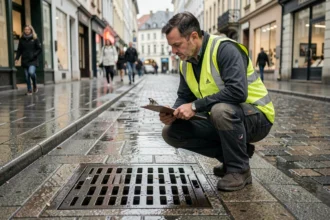 Ingénieur municipal inspectant une grille d'évacuation des eaux pluviales sur un trottoir urbain mouillé