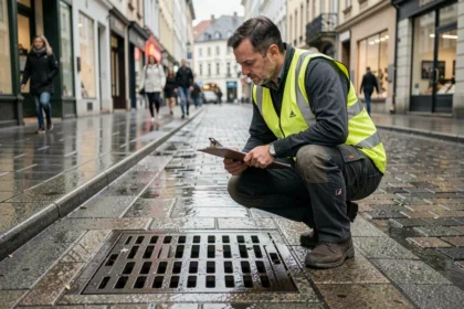 Ingénieur municipal inspectant une grille d'évacuation des eaux pluviales sur un trottoir urbain mouillé
