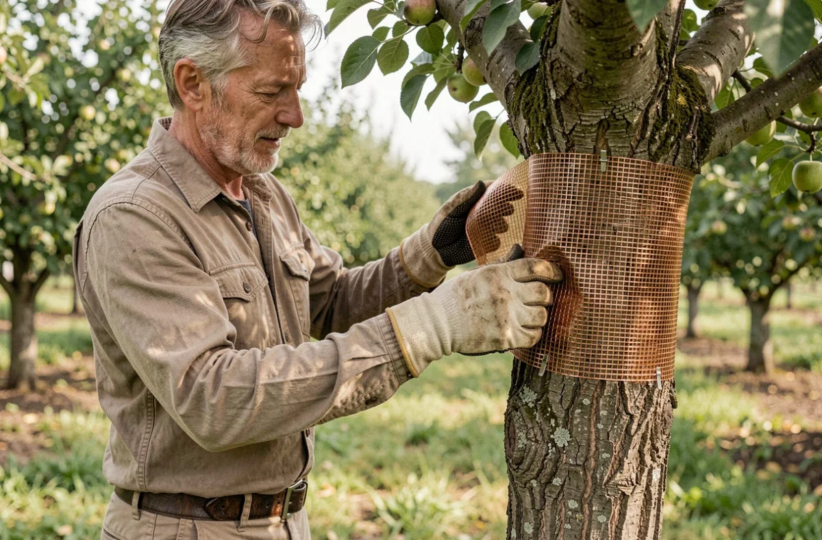 Personne installant un grillage en cuivre autour d'un tronc d'arbre fruitier pour éloigner les écureuils