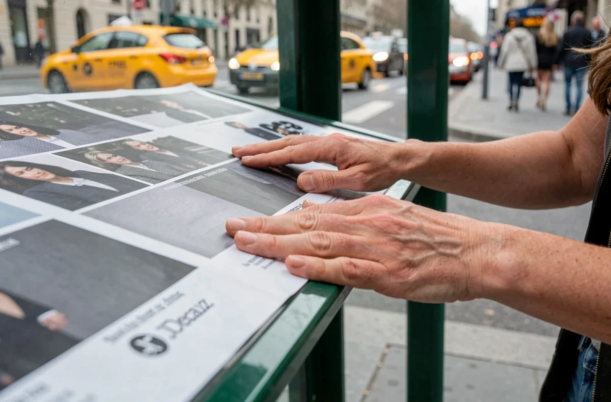 Gros plan sur des mains décollant une affiche publicitaire d'un abribus parisien