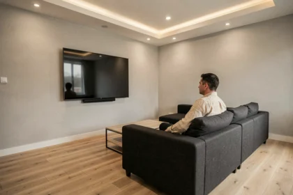 Homme assis sur un canapé regardant un téléviseur 75 pouces monté à la hauteur optimale dans un salon moderne