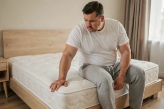 Homme de 100 kg testant la fermeté d'un matelas assis sur le bord du lit dans une chambre moderne