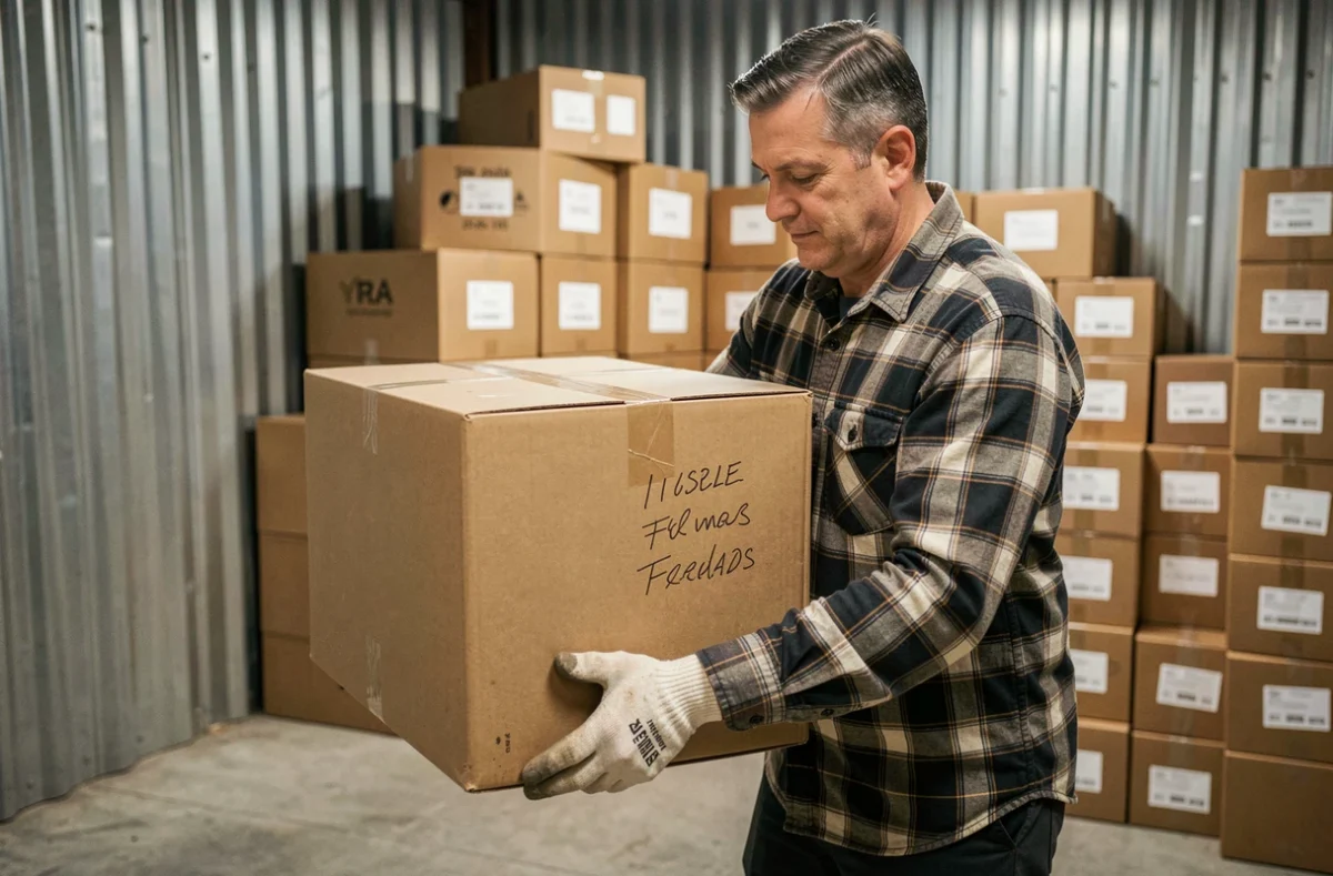 Homme soulevant un carton de déménagement dans un box de stockage, montrant les signes d'usure du carton