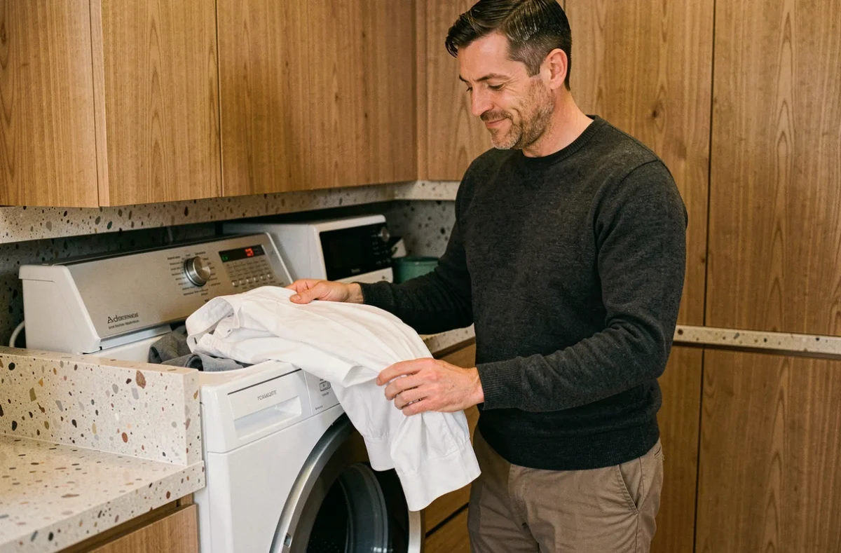 Homme chargeant du linge dans une machine à laver séchante intégrée dans une cuisine moderne