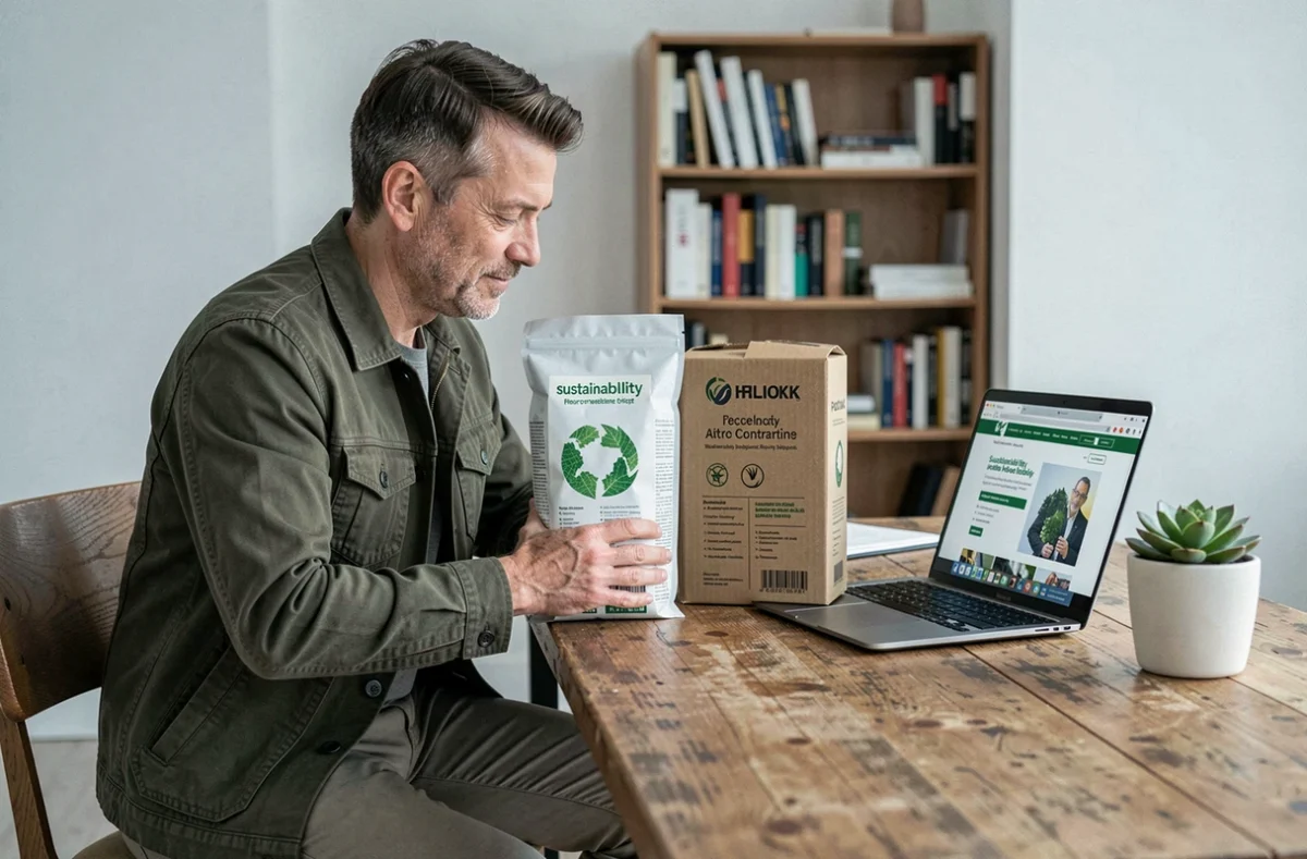 Homme comparant des produits durables et vérifier des certifications écologiques sur ordinateur