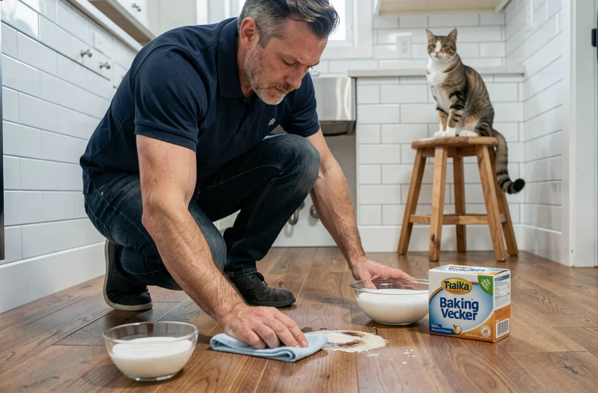 Homme qui élimine les taches et odeurs d'urine de chat sur un parquet avec du vinaigre et du bicarbonate