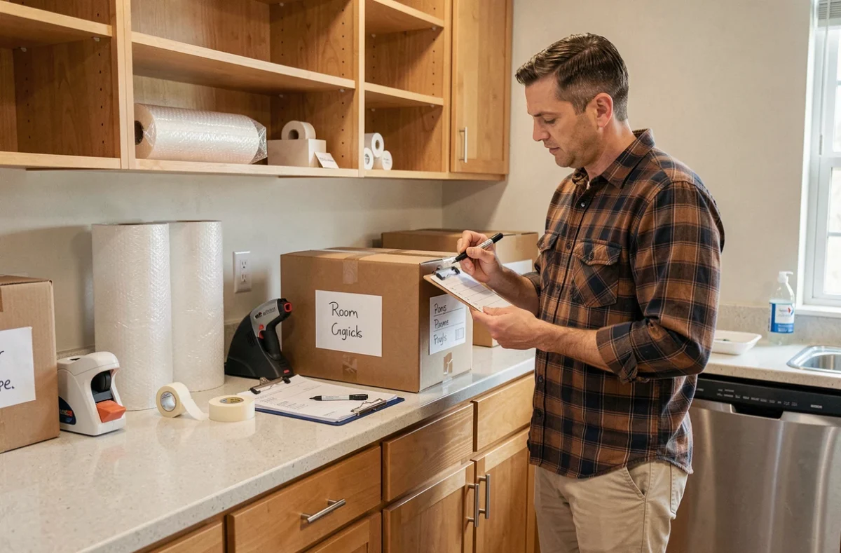 Homme étiquetant des cartons de déménagement dans la cuisine avec un marqueur noir et un système d'organisation écrit à la main