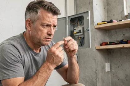 Homme examinant un fusible devant un tableau électrique ouvert dans une salle des machines