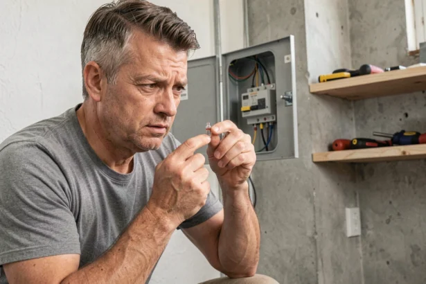 Homme examinant un fusible devant un tableau électrique ouvert dans une salle des machines