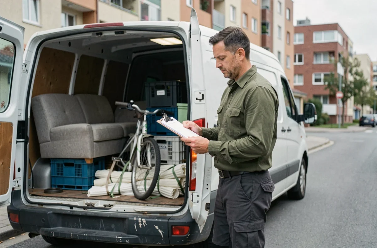 Homme vérifiant une liste de chargement devant un camion utilitaire 4m3 chargé de meubles