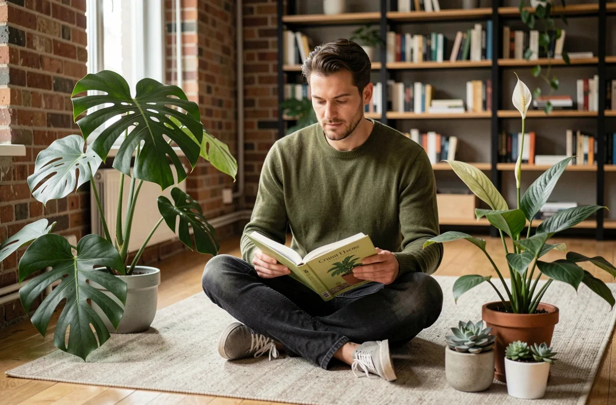 Homme entouré de plantes d'intérieur dans un salon minimaliste en brique, lisant un livre sur le jardinage pour cultiver le bonheur au quotidien