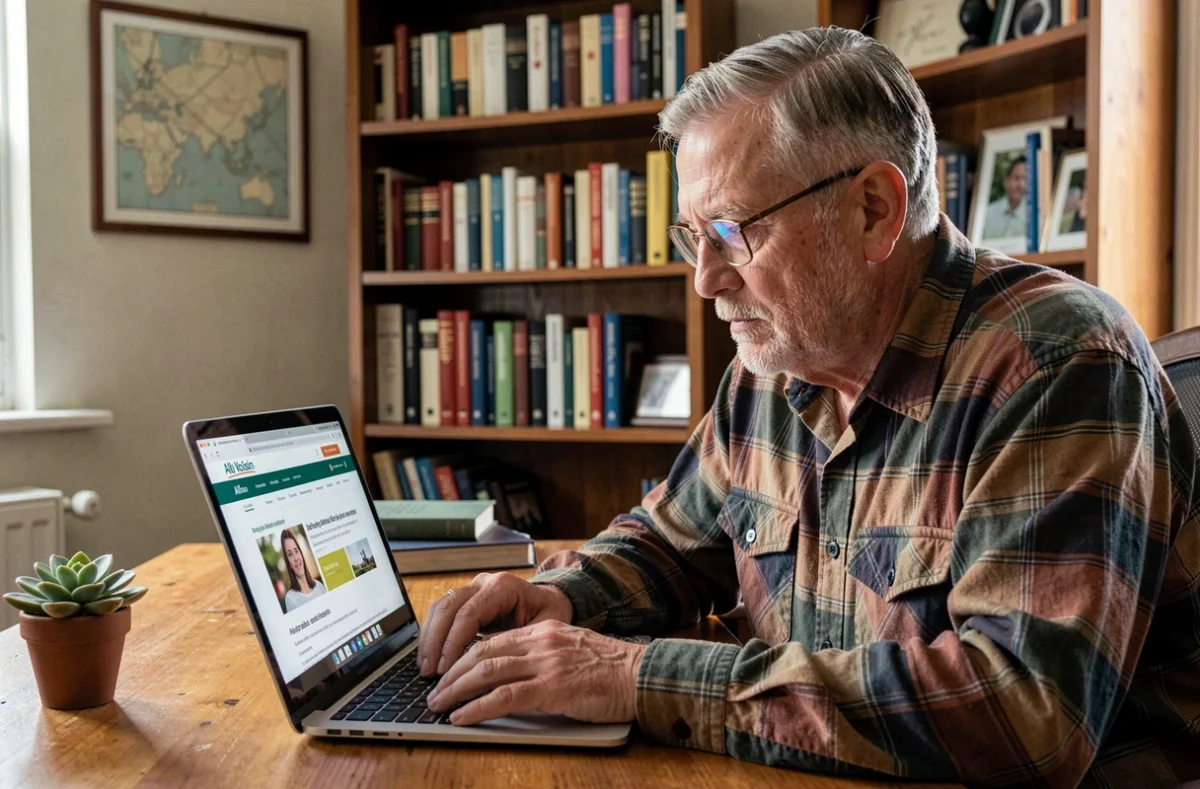 Homme senior utilisant le site Allô Voisin sur son ordinateur portable à domicile