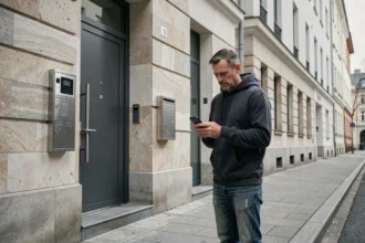 Homme suspect observant discrètement l'entrée d'un immeuble d'appartements depuis la rue