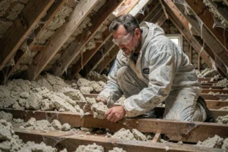 Technicien inspectant une isolation soufflée affaissée et inégale dans un grenier, révélant les inconvénients de tassement de ce type d'isolant
