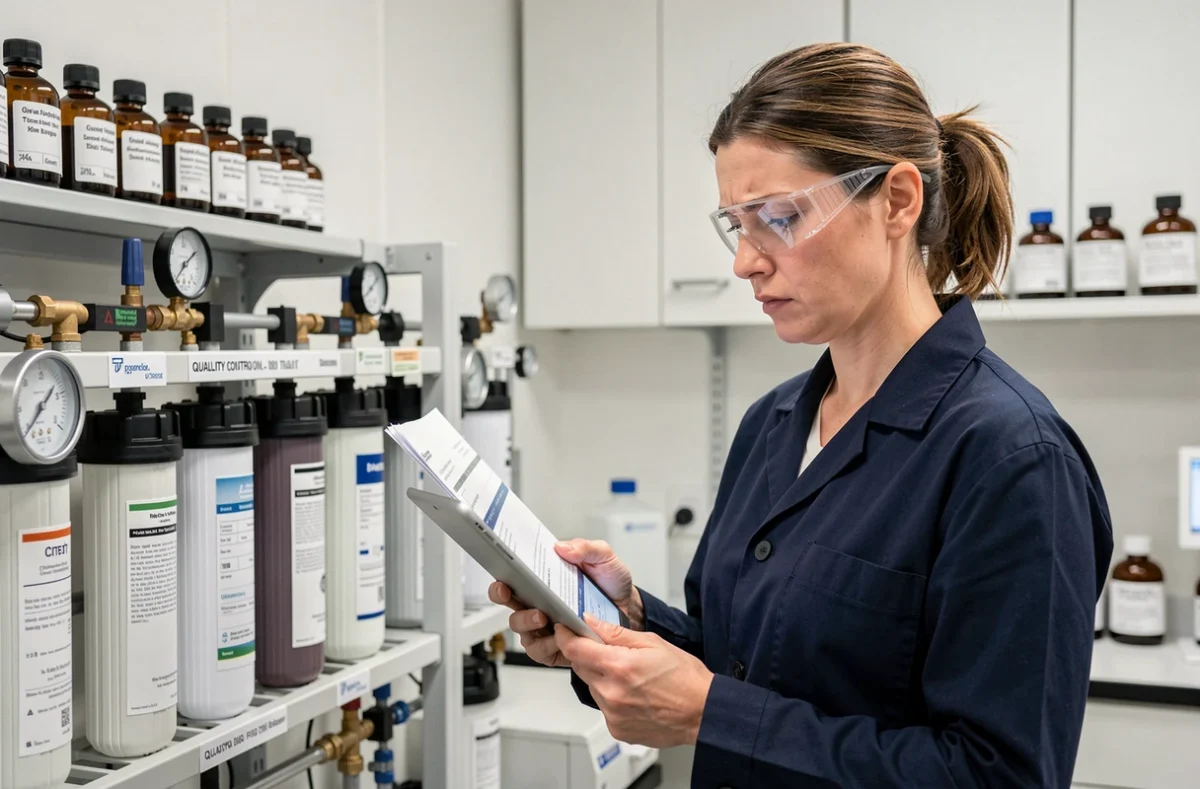 Ingénieure qualité analysant des données de filtration membranaire en laboratoire, soulignant les limites des systèmes de contrôle qualité par filtration