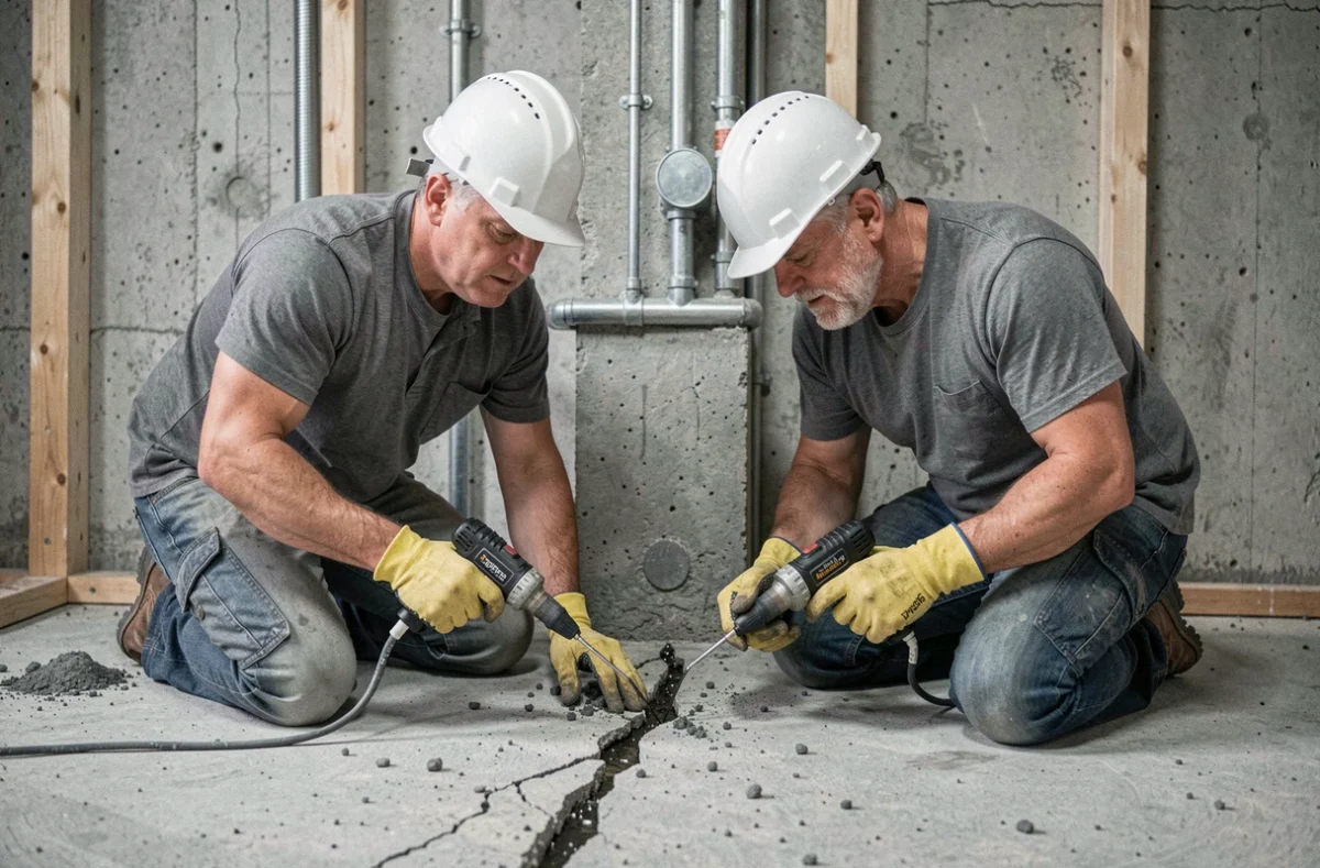Ouvriers injectant de la résine époxy dans les fissures d'une fondation en béton lors de travaux de renforcement