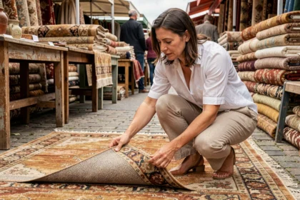 Femme inspectant un tapis d'occasion dans un marché aux puces en plein air, soulevant le bord pour examiner la qualité du tissu