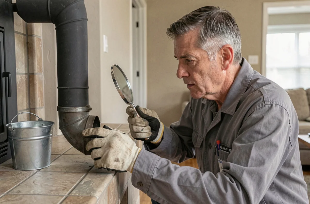 Technicien inspectant le conduit de fumée d'un insert de cheminée à bois pour détecter des risques de monoxyde de carbone