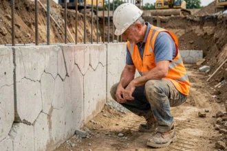Ingénieur civil inspectant des fissures dans une fondation en béton sur un chantier de construction