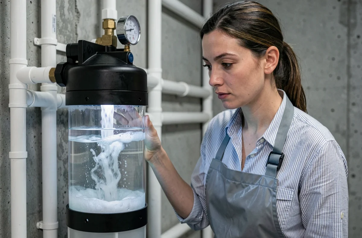Femme inspectant le hublot de contrôle d'un filtre à sable lors de la purge d'air et du lavage à contre-courant en local technique de piscine