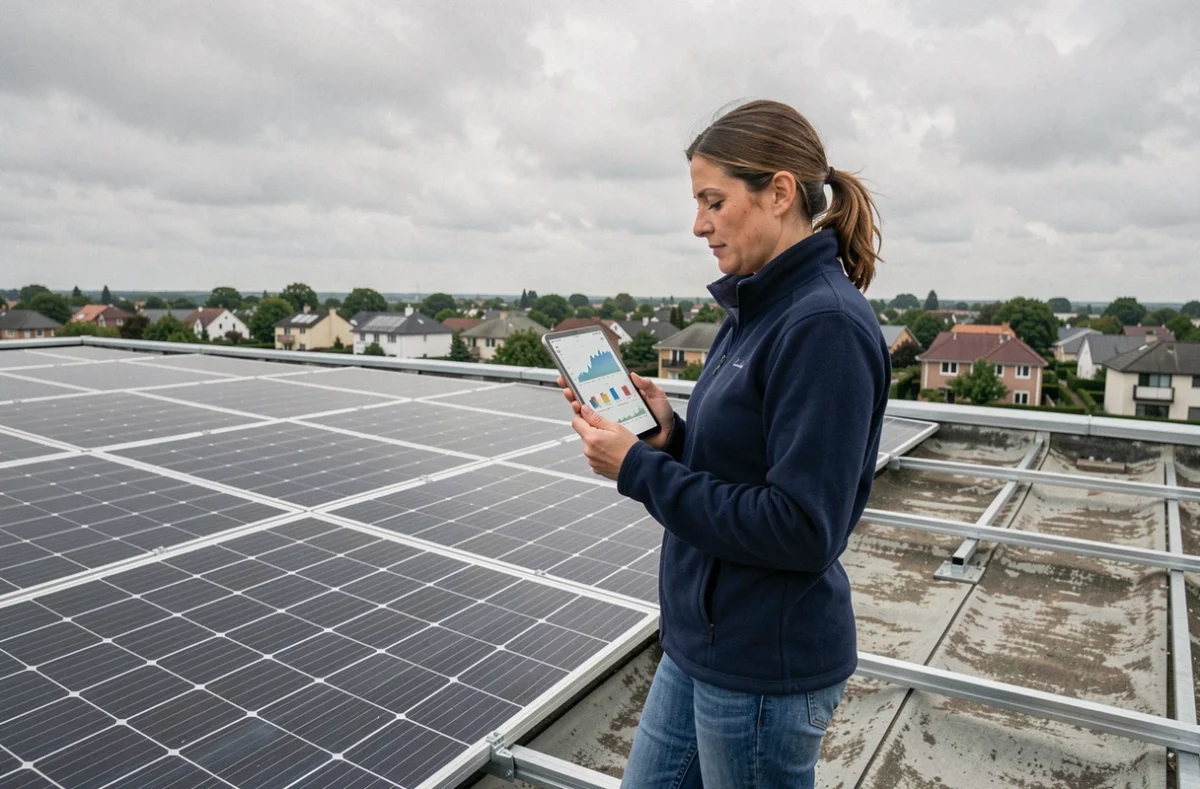 Femme inspectant des panneaux solaires photovoltaïques sur le toit d'une maison à énergie positive avec tablette affichant des données de consommation