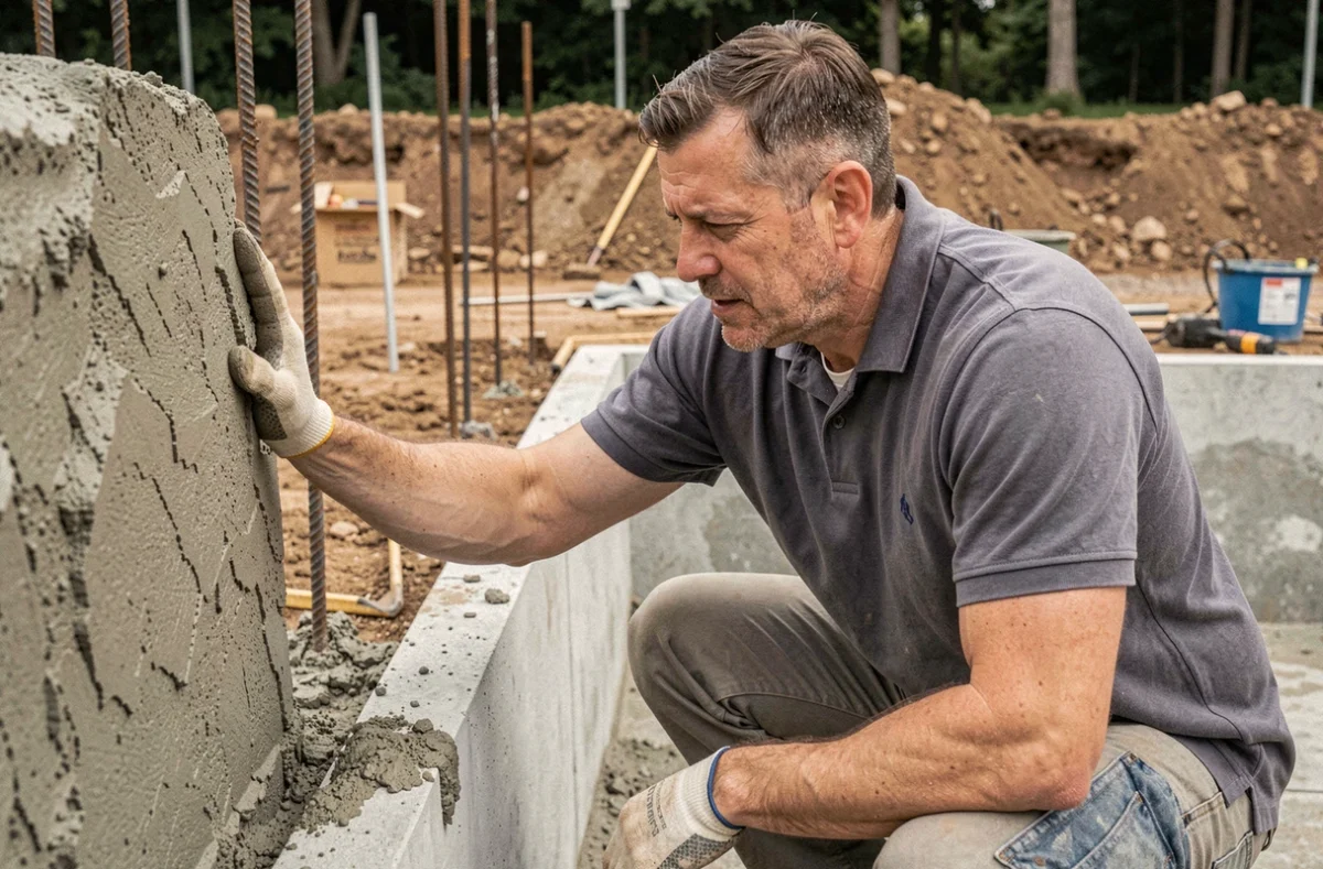 Homme inspectant la paroi en béton gunite d'une piscine enterrée en construction dans un chantier extérieur