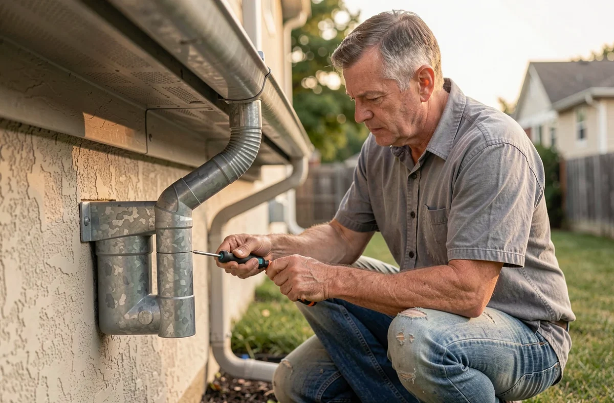 Homme installant un collecteur de gouttière pour récupération d'eau de pluie sur une descente de gouttière en PVC gris d'une maison