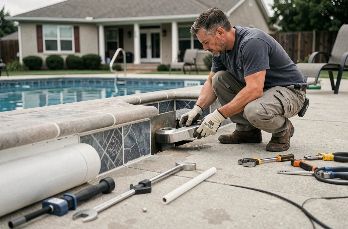Technicien installant un jet hydromassant dans une piscine lors de sa transformation en spa à domicile